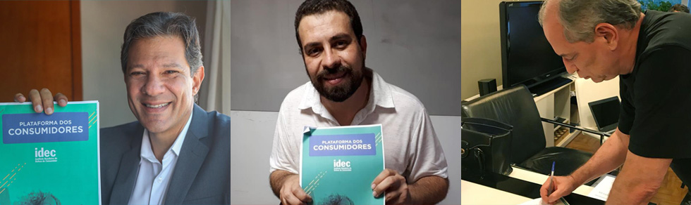 Os três candidatos que assinaram a plataforma com demandas dos consumidores: Fernando Haddad, Guilherme Boulos e Ciro Gomes