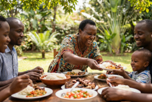 Família de 6 pessoas almoçando.